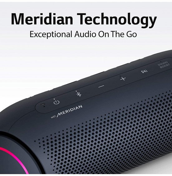 LG XBOOM Go Speaker PL5 Portable Wireless Bluetooth, Dual Action Bass, Sound by Meridian, Water-Resistant, Sound Boost EQ, 18 Hour Battery Life, LED Lighting - Black